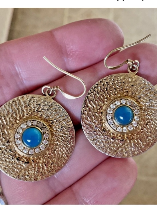 Gold plated silver earrings Jewelry - NWOT Gold plated sterling silver 925 Blue Chalcedon Round Hammered Earrings